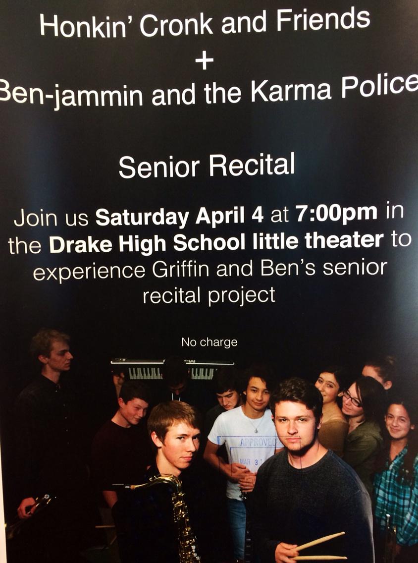 kjgalli's tweet photo. Senior Recital @drakehighschool Saturday 4/4 at 7:00 Honkin' Cronk and Ben-jammin Seniors &amp; Friends! @chipboaz http://t.co/oGQestSrTY