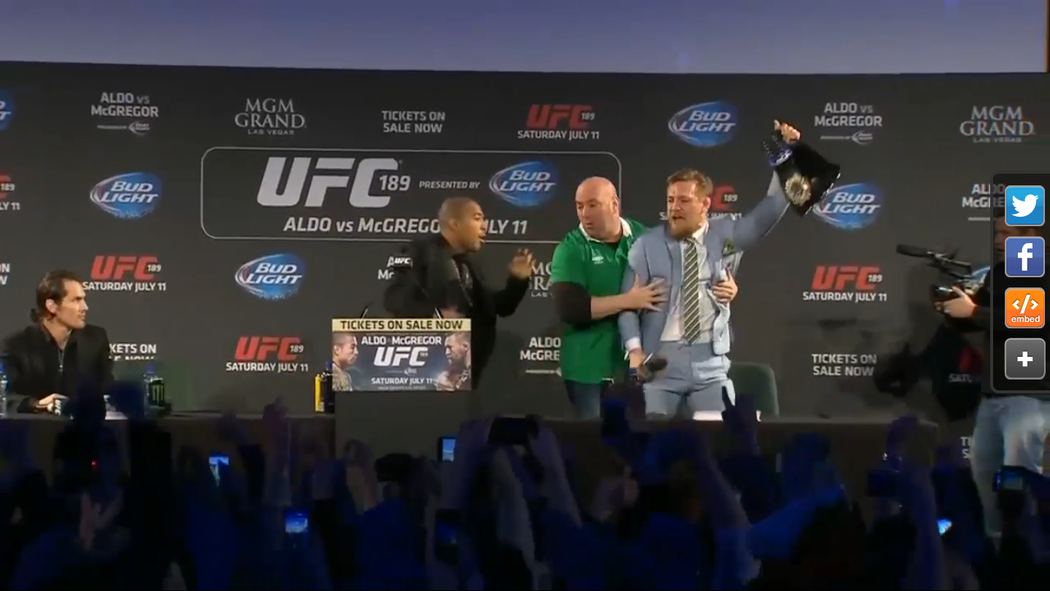 shaunalshatti's tweet photo. Nuts. RT @MMAFighting: VIDEO: McGregor steals title belt from Aldo at Dublin press conference http://t.co/lHwwOAbrgI http://t.co/KmO8xPvrPH