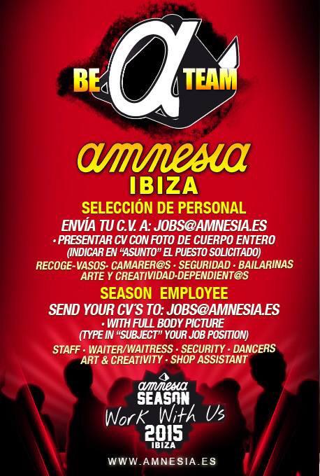 Amnesia_Ibiza's tweet photo. Do you want to work with us or knows anyone interested?😉 Send your CV to:                        jobs@amnesia.es http://t.co/U39SLS1dAk
