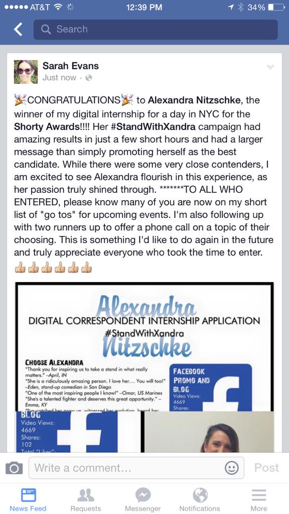 prsarahevans's tweet photo. 🎉CONGRATS🎉 @hephzibahxandra who wonmy internship-for-day. Can't wait to see you in #NYC for the @shortyawards! http://t.co/DhUaz0yAYu