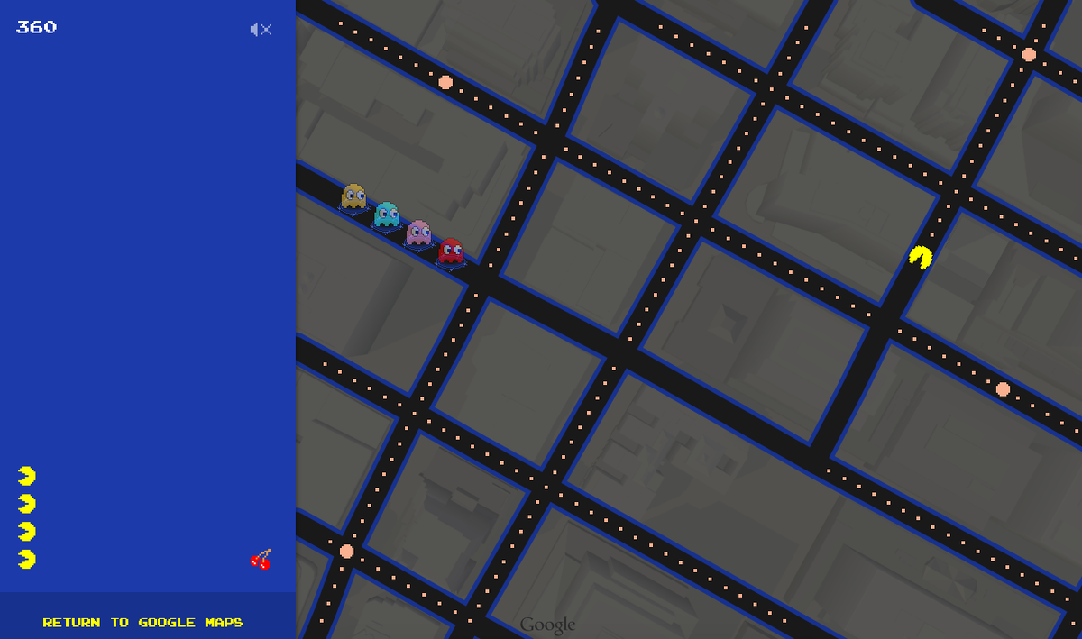 verge's tweet photo. Google Maps now lets you turn any location into a game of Pac-Man http://t.co/tXsPHRtVdC http://t.co/tqMq3kfIX2