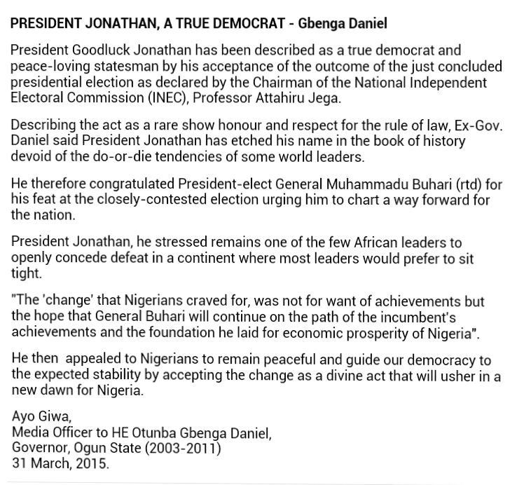 JustusOGD's tweet photo. President Jonathan, a true Democrat- Gbenga Daniel (Kindly find attached) http://t.co/SuHjLjIK0R