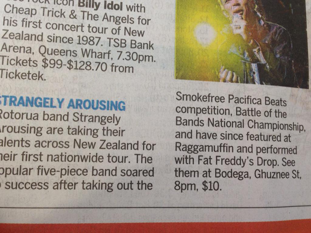 BakersEddy's tweet photo. @StayAroused - you made the @DomPost boys! @BodegaNZ it's gonna be a great gig #nzmusic #Wellington #battleofthebands http://t.co/F3mHdA3lwo