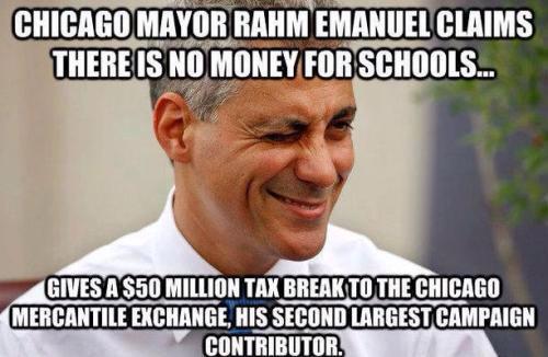 Rahm says there's no $ for schools but cuts $50 million tax break to  #Chicago Mercantile Exchange!
<a href="/BadassTeachersA/">Badass Teachers Asso</a>