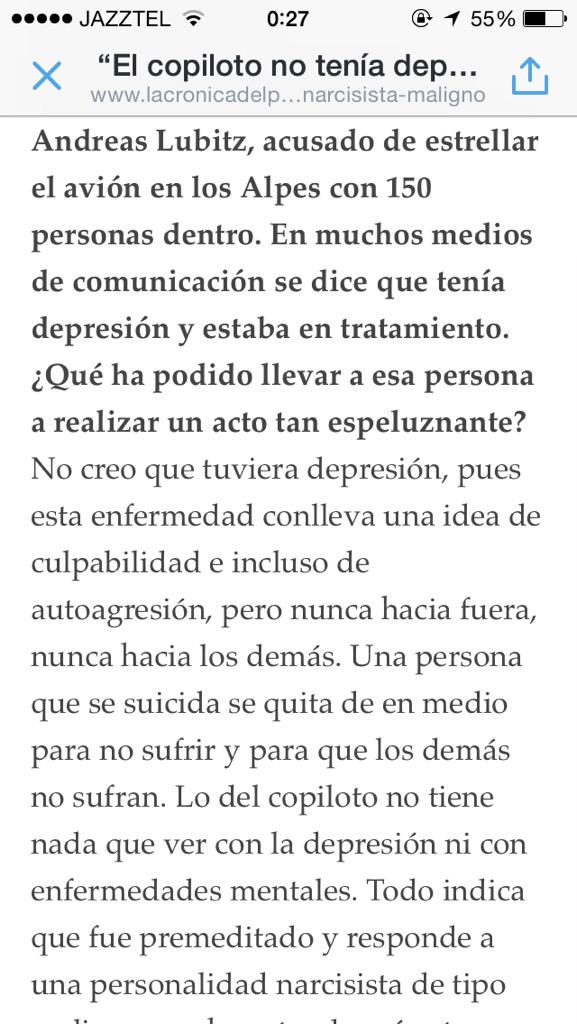 CristinaSegui's tweet photo. "Lubitz no tenía depresión, era un narcisista maligno" (Fco Toledo, premio psiquiatría) http://t.co/tJaL0za5uy http://t.co/juNV1G28mt