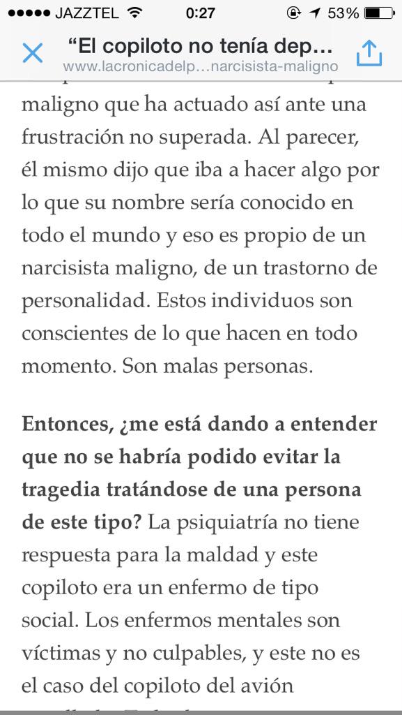 CristinaSegui's tweet photo. "Lubitz no tenía depresión, era un narcisista maligno" (Fco Toledo, premio psiquiatría) http://t.co/tJaL0za5uy http://t.co/juNV1G28mt