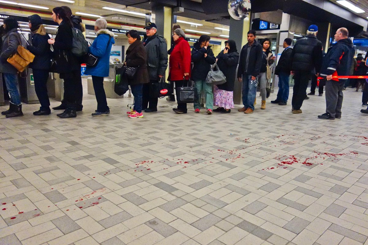 asianz's tweet photo. Blood trail running from one end of Finch Station to North American Centre taken around 5pm.  #FINCH #TTC http://t.co/DD2bKnm4Lz