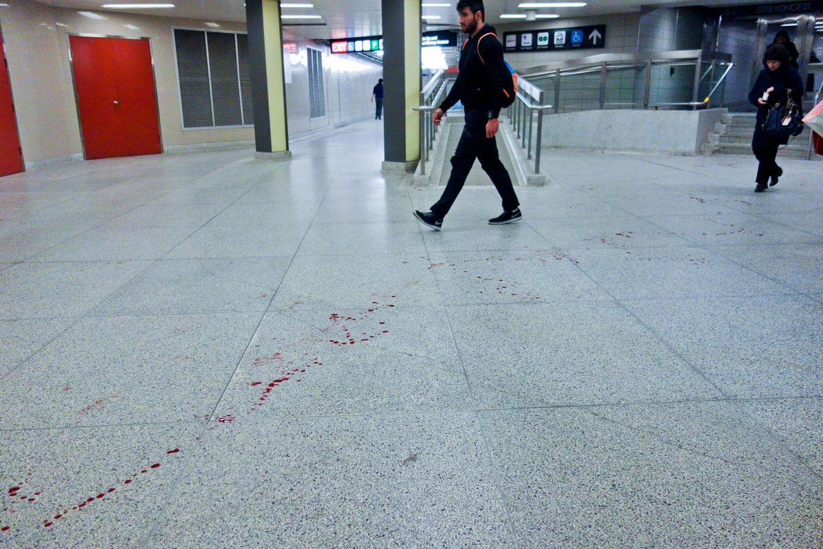 asianz's tweet photo. Blood trail running from one end of Finch Station to North American Centre taken around 5pm.  #FINCH #TTC http://t.co/DD2bKnm4Lz