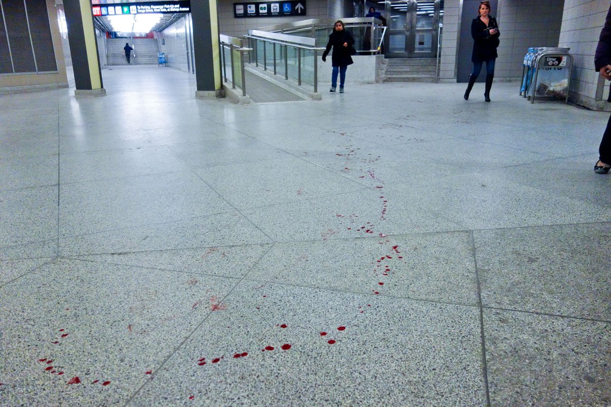 asianz's tweet photo. Blood trail running from one end of Finch Station to North American Centre taken around 5pm.  #FINCH #TTC http://t.co/DD2bKnm4Lz