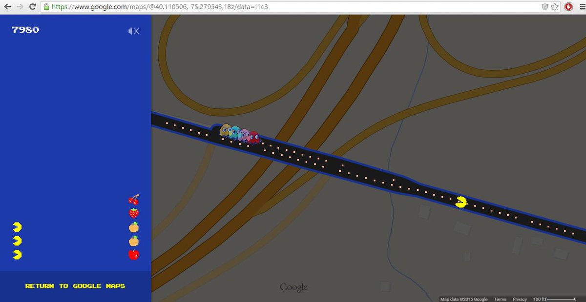 RichLiebig's tweet image. The #FastestGame of @GoogleMaps #PacMan -- I don't know how, but I got this when trying to play around @PlyMtgMall...