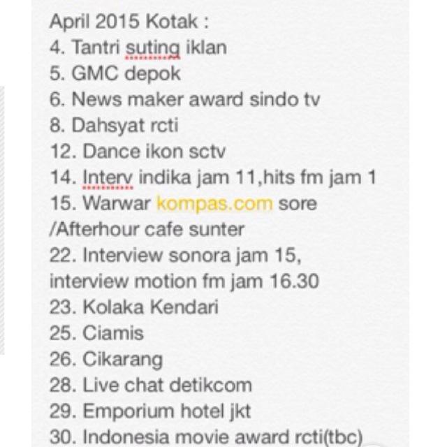 Bismillah, berikut jadwal Kotak April 2015, jadwal bs berubah tp pasti diinform lg cc. <a href="/WarnerMusicID/">WarnerMusicID</a> <a href="/AldiNovianto12/">Aldi Novianto</a>