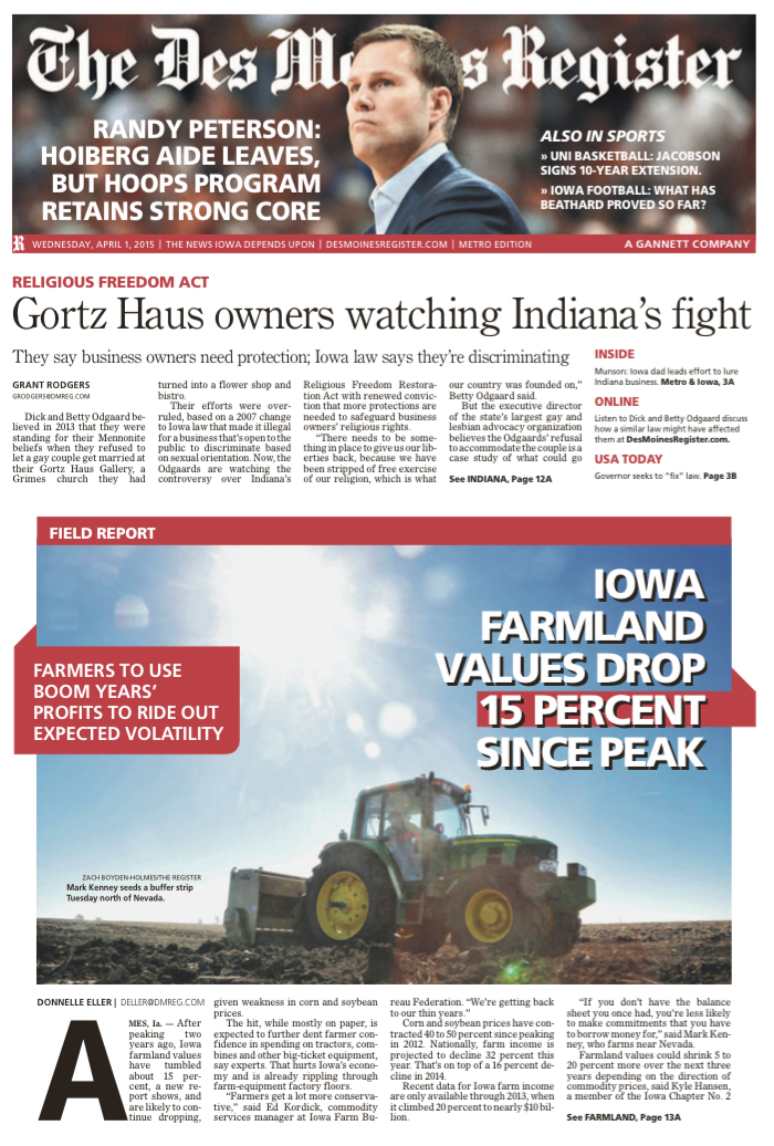 FarmPolicy's tweet photo. Front page of today's @DMRegister, Iowa farmland values drop 15 percent over two years http://t.co/i7UqEoOvvz - http://t.co/SUj790Kz8t
