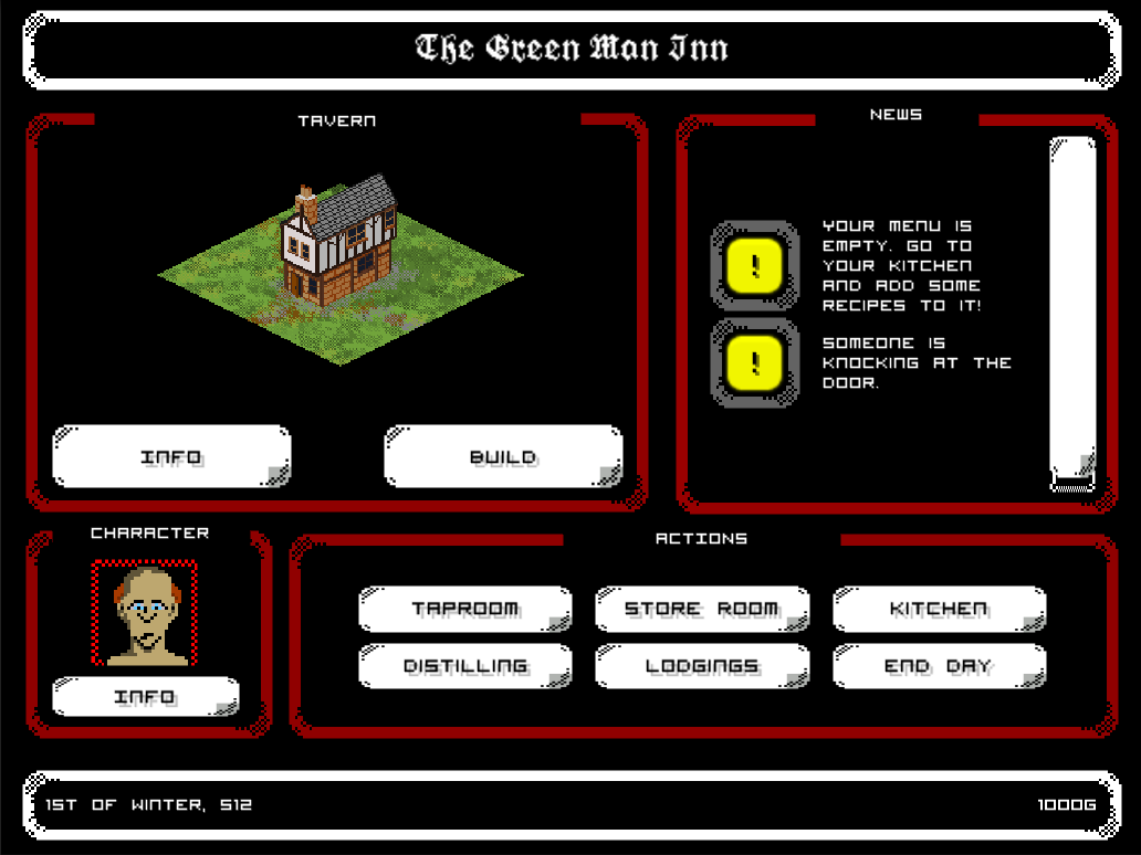 StewHogarth's tweet photo. New concept : RPG about running a medieval tavern. Think @KingDragonPas / Harvest Moon / Lords of Midnight. #GameDev http://t.co/FztF8Ib2o9