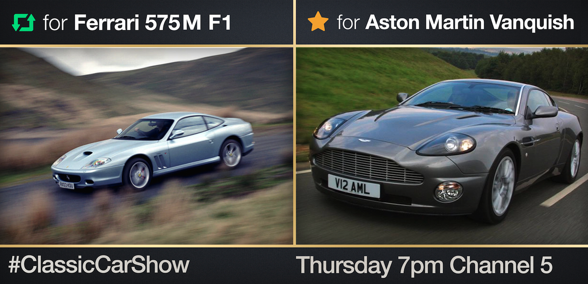Which car should win today’s #ClassicCarShowdown - RT for the Ferrari 575M F1 or FAV for the Aston Martin Vanquish.