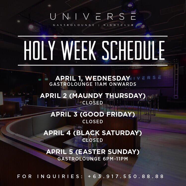 kat_dj's tweet photo. Holy Week Schedule for @universe_club ! ✔️ http://t.co/7WVzZye7y3