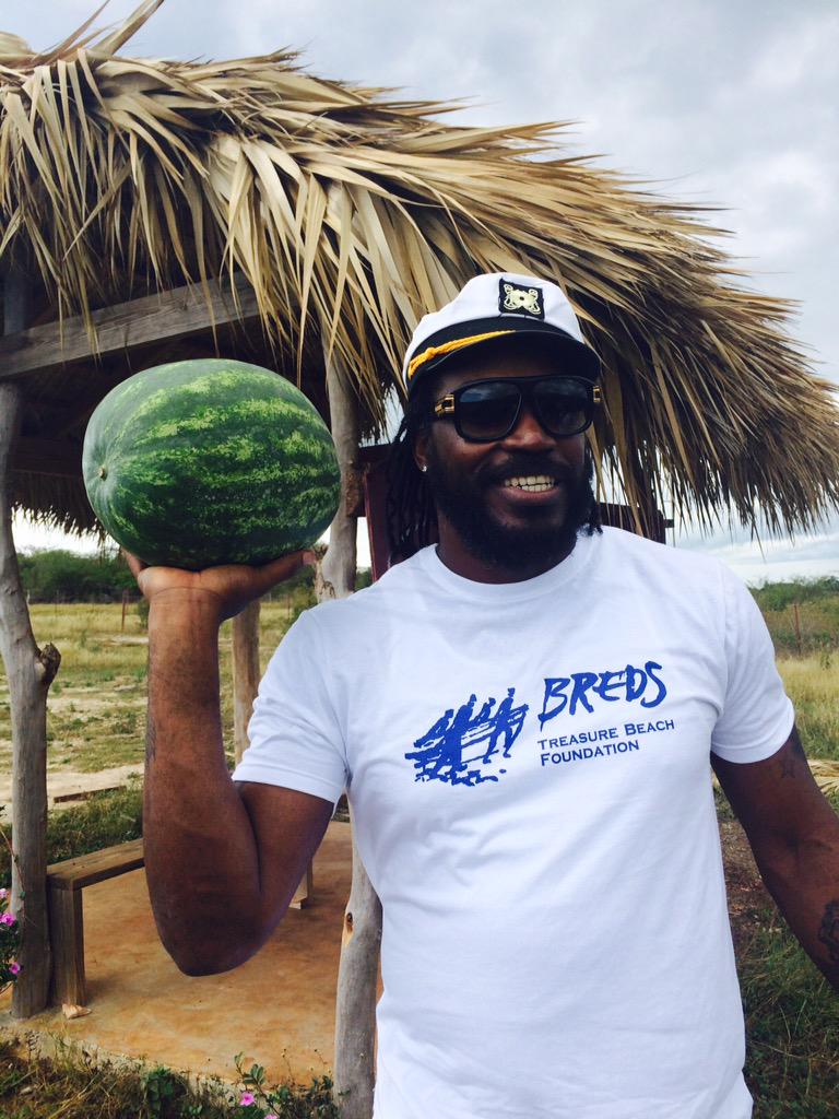 West Indies Main man <a href="/henrygayle/">Chris Gayle</a> show support for #BREDS during a visit to <a href="/treasurebeachy/">Treasure Beach</a> &amp; <a href="/JakesHotel/">Jakes Hotel</a> yesterday