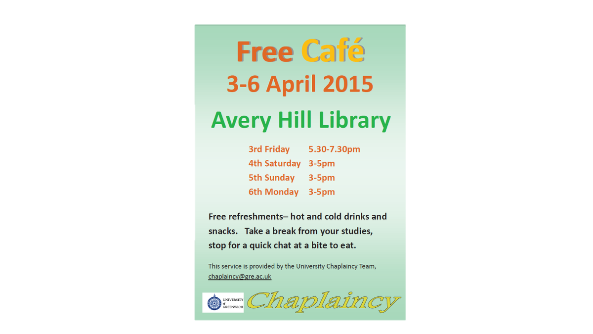 UoG_CathSoc's tweet photo. The UoG Chaplaincy team will be offering coffees and nibbly bits at the AH Campus. Come one, come all!! http://t.co/FHnmHWiJ4u