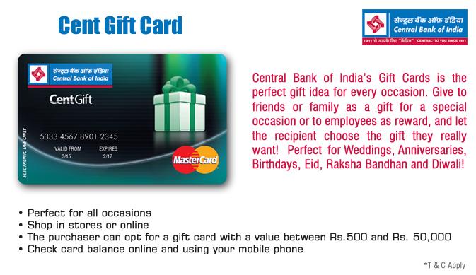 Central Bank of India on Twitter CENT GIFT CARD  Perfect for all  occasions  Shop in stores or online  The purchaser can opt for a gift card  with a value