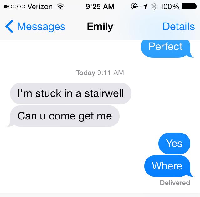 labfall's tweet photo. Best part of my morning so far: Rescuing @EmilyNorman702 from a stairwell. #hero http://t.co/9ctDQch59b