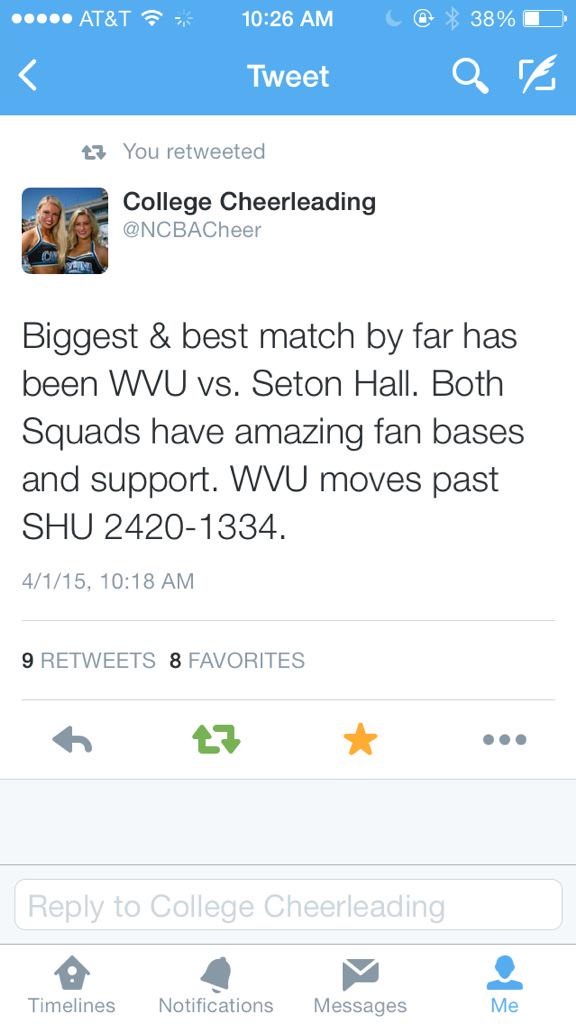 moody_amanda's tweet photo. Moving on to the final four๐ We appreciate every single vote!! Voting begins again at noon!!๐๐ #wvucompcheer http://t.co/8QmmQuij9t