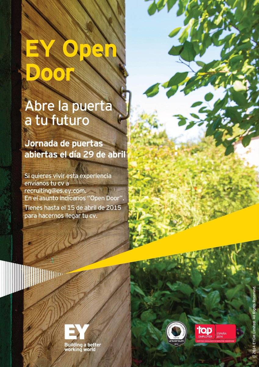 EY_Spain's tweet photo. Queridos universitarios: queremos conoceros. Os esperamos el próximo día 29 #EYOpenDoor  http://t.co/zUuYOOVeVD http://t.co/lSvmG6ef20