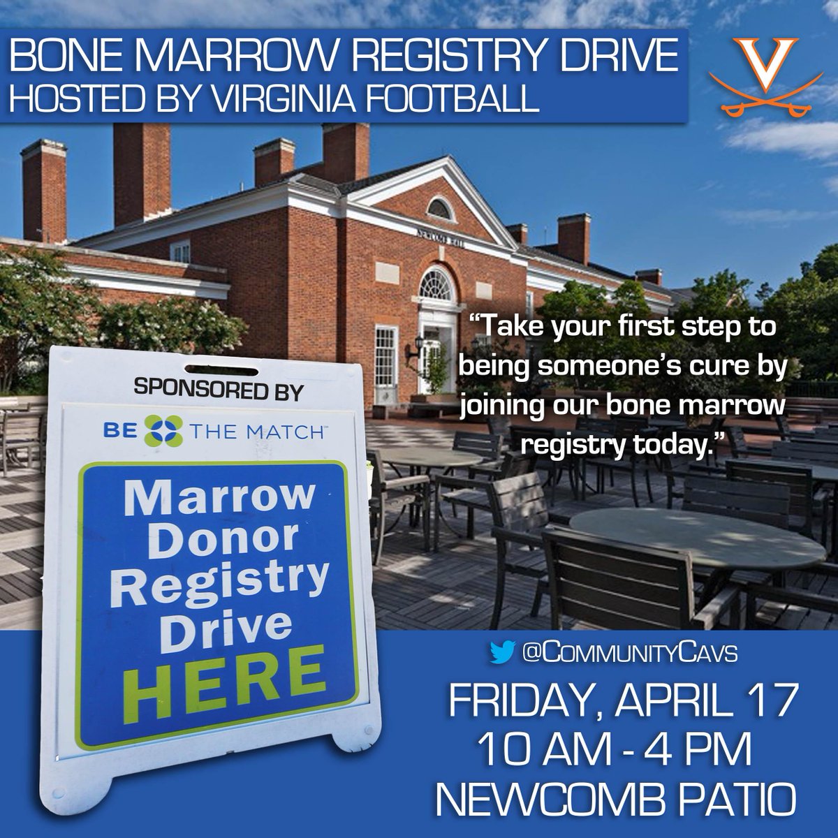CommunityCavs's tweet photo. The football team's annual bone marrow drive with #BeTheMatch foundation is set! Friday, April 17th #SaveALife http://t.co/ZdIzkZm3ux