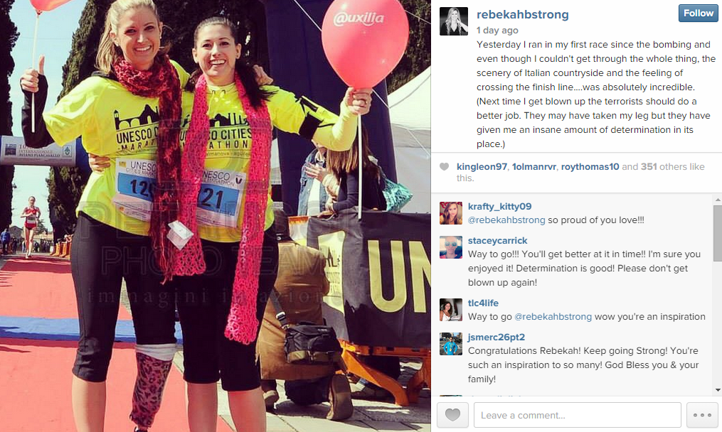 UnSportsESPN's tweet photo. Best Thing on Twitter Today: Boston Marathon bombing survivor runs her first marathon since having her leg amputated. http://t.co/fRjLE2Bbmq