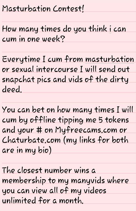 Masturbation Contest starts today. Don't have my snapchat. Get it half off!! http://t.co/IPoqyCnmId<a href="/tag/sundaybrunch"class="tags"><span>#sundaybrunch</span></a><a href="/tag/kcco"class="tags"><span>#kcco</span></a>