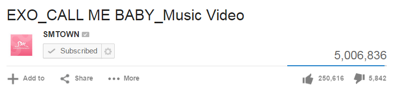 LOVEdyokyungsoo's tweet photo. EXO's <Call Me Baby> Korean Version MV surpassed 5M views after 32.5hours! :D http://t.co/eNynf7r223