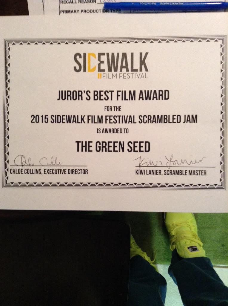 TheGmorkFork's tweet photo. Thanks to @sidewalkfilm for giving us the award for Best Film in the Scrambled Jam. #theseedgrows http://t.co/wI4fVFoqcB