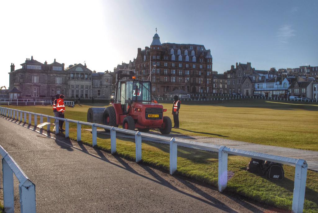 TheOpen's tweet photo. Here we go! Construction of the 1st grandstand on the Old Course has begun. 106 days until #TheOpen! http://t.co/ppIxHiawqJ