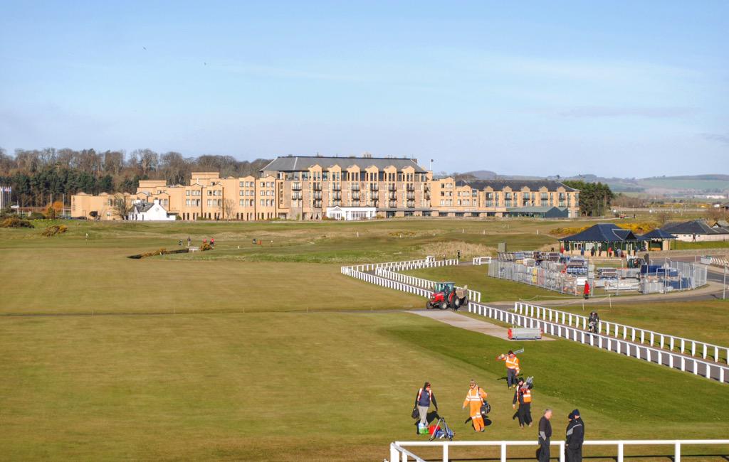 TheOpen's tweet photo. Here we go! Construction of the 1st grandstand on the Old Course has begun. 106 days until #TheOpen! http://t.co/ppIxHiawqJ