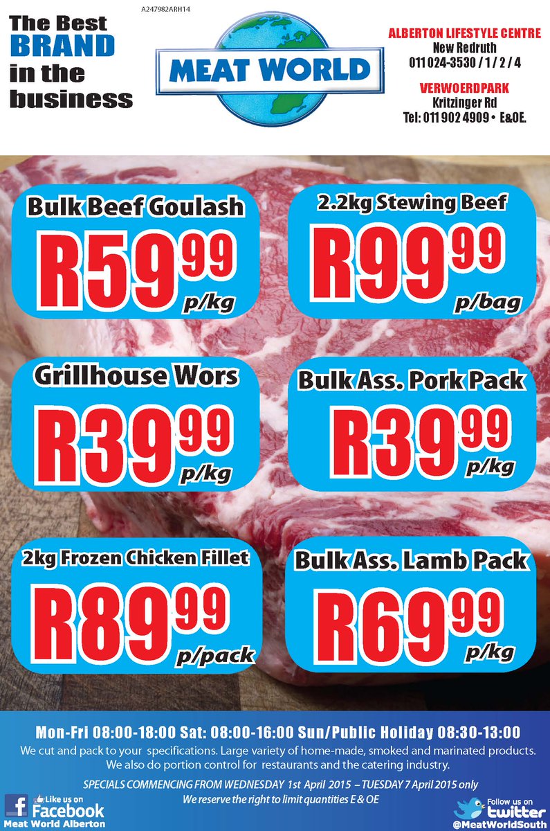 MeatWorldSouth's tweet photo. This is not an April Fool joke!  Our latest SPECIALS COMMENCING FROM WEDNESDAY 1 April 2015 – TUESDAY 7 April 2015 http://t.co/WPzU0dIXa1