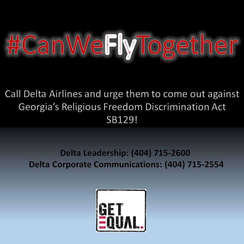 GetEQUAL's tweet photo. Call @Delta now and let leadership know that you stand for equality. #CanWeFlyTogether #CmonDelta http://t.co/VRrWGG3Ros