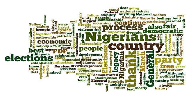 Channels24_UK's tweet photo. #Nigeria2015: Focus words of President Goodluck Jonathan's speech after General Buhari was declared winner. http://t.co/fGysicKEMQ
