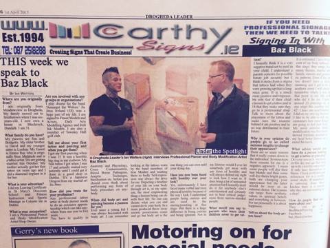 baz_black's tweet photo. In the @droghedaleader today :) #bazback #drogheda #piercer #newspaper #actor #model #bazblackpiercing http://t.co/KWTJhfEGZf
