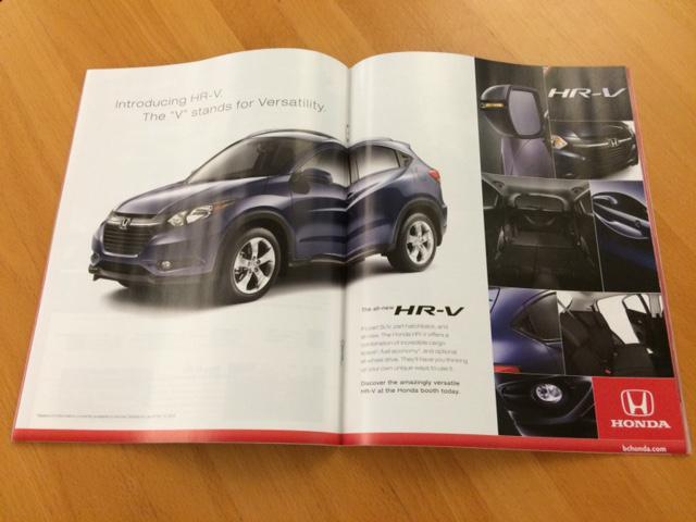 level11comms's tweet photo. The all-new 2016 #Honda #HRV centrefold of the Vancouver International Auto Show mag @BCHonda #calculatedcreativity http://t.co/dPdReCzWG0