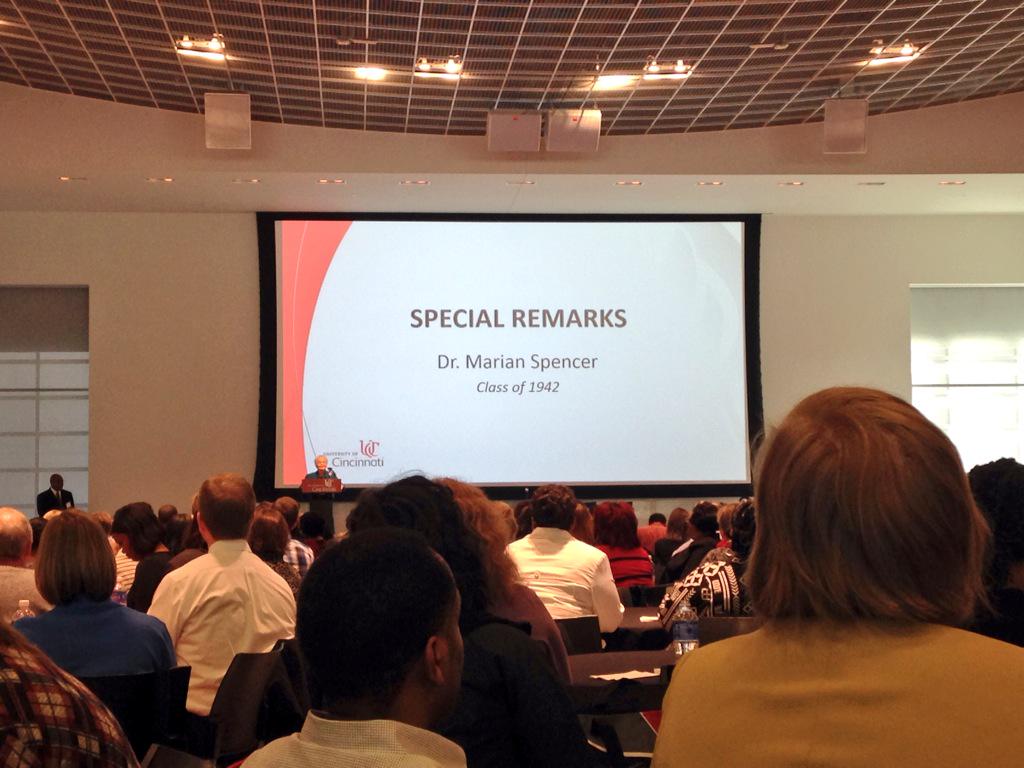 uofcincyalumni's tweet photo. Alumna Dr. Marian Spencer, '42 is speaking to the UC community about inclusion and diversity! #inspiring #UCDC2015 http://t.co/xQnNMhEutD
