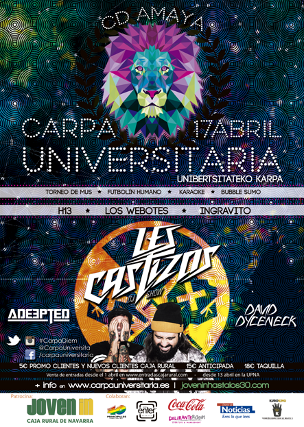 carpauniversita's tweet photo. ¡CARTELAZO! Os vemos a todos en Pamplona el próximo 17 de abril con @LesCastizos, @DavidDyceneck y muchos mas... http://t.co/bpJYKCwcMK