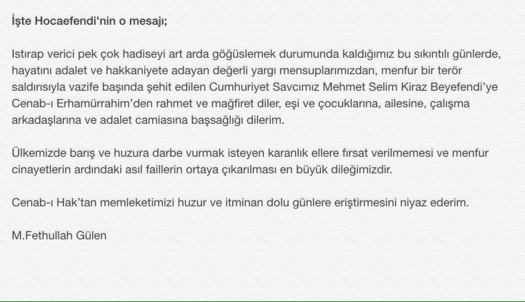 Hocaefendi'den şehit savcı Kiraz'a taziye mesajı