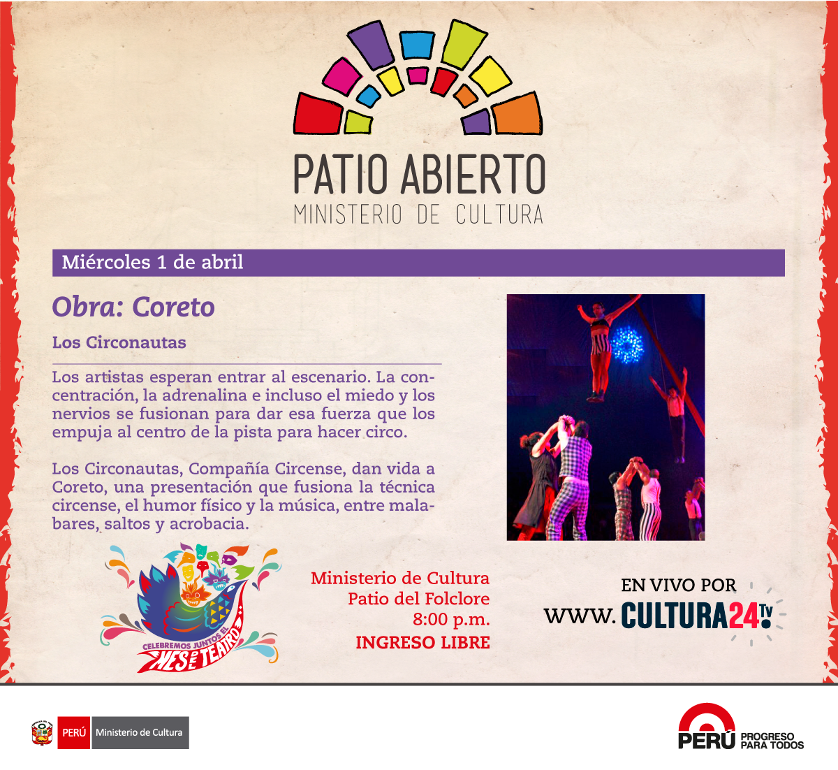 MinCulturaPe's tweet photo. #Hoy miércoles a las 8 pm. fin de fiesta por el #MesdelTeatro Los Circonautas “Coreto” en #PatioAbierto #IngresoLibre http://t.co/3Os69mh6TG