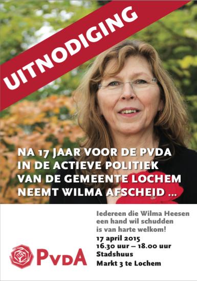 Na 17 jaar actieve politiek neemt @Wilmaheesen afscheid. Op 17 april 16.30 -18.00 <a href="/Stadshuus/">Stadshuus</a> 
lochem.pvda.nl/2015/04/01/na-…
