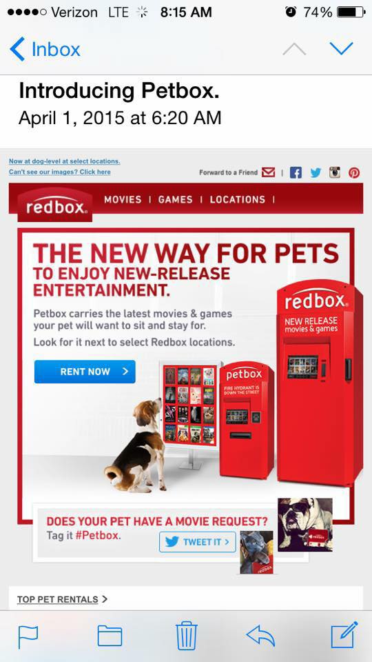 TaylorandDodge's tweet photo. #WienerDogNationals: Find it in a #PetBox near you! http://t.co/YfpQfxHIGX #RedBox #AprilFools @WDN_Movie http://t.co/VLX5OHR0p1