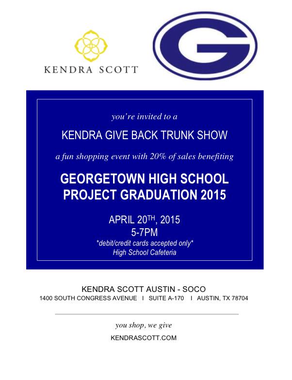 ProjectGrad's tweet image. So excited for another @KendraScott trunk show! Mon April 20th from 5-7pm at the @GeorgetownHS cafeteria.