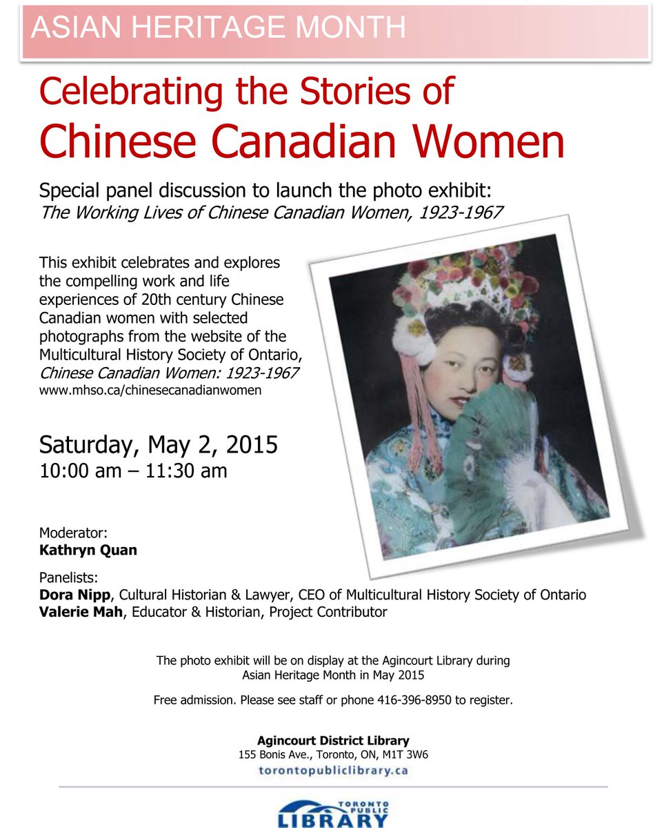 Event announcement: "Celebrating the Stories of Chinese Canadian Women" exhibit launch at Agincourt Library.