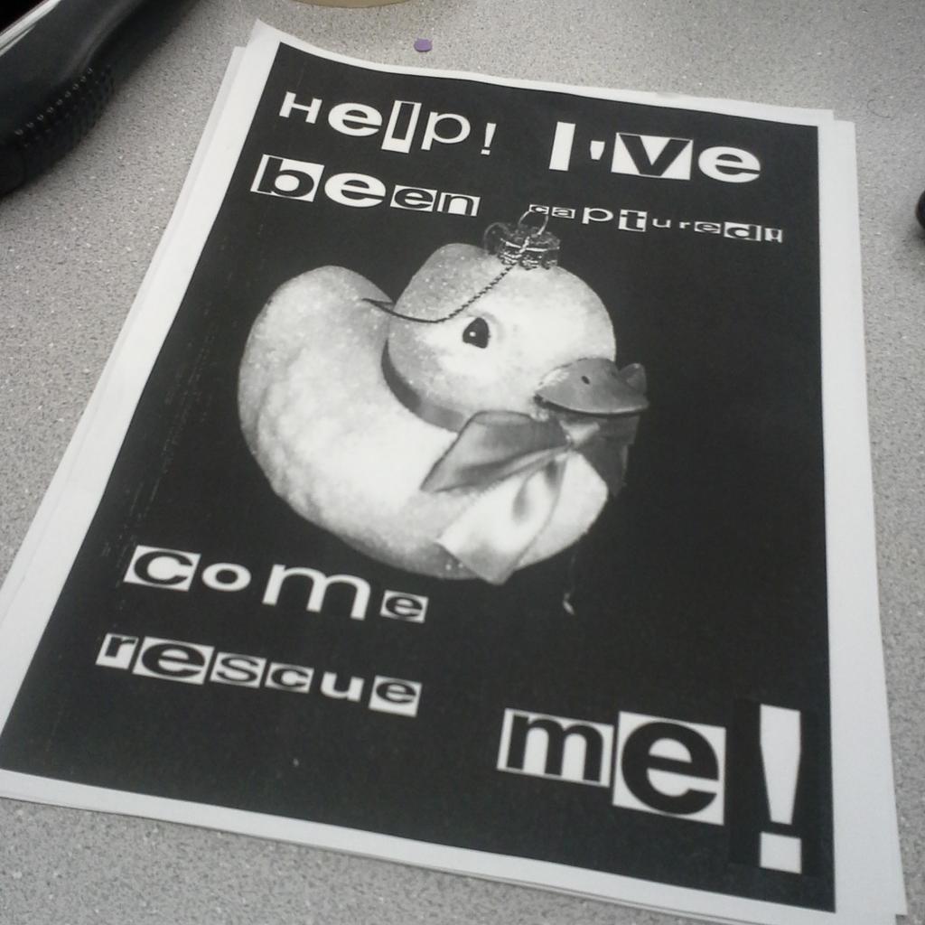 PHS_TrojanMan's tweet photo. Did you use Desktop Publisher to make the ransom note??? I do like the balance and contrast though! #MissingDuck http://t.co/NCHS1STgRi