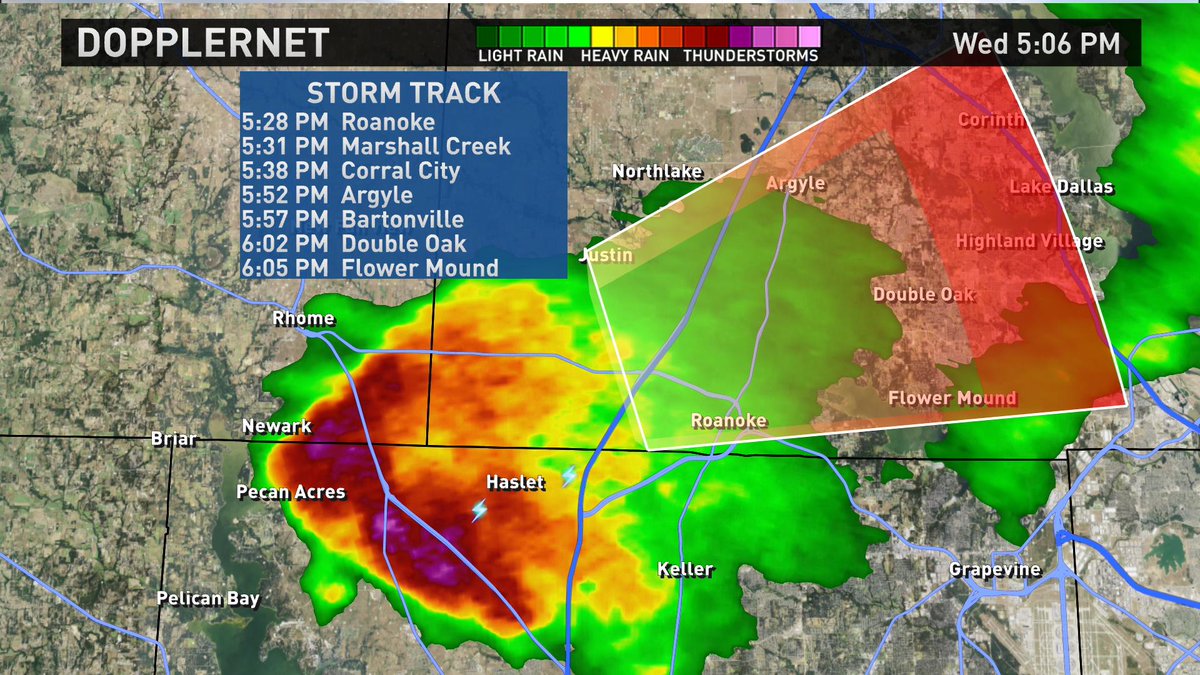 wfaa's tweet photo. Severe T-Storm Warning continues til 5:45p for parts of Tarrant/Wise/Denton Counties. Still a large hail threat!! http://t.co/TW0aNkRqBL
