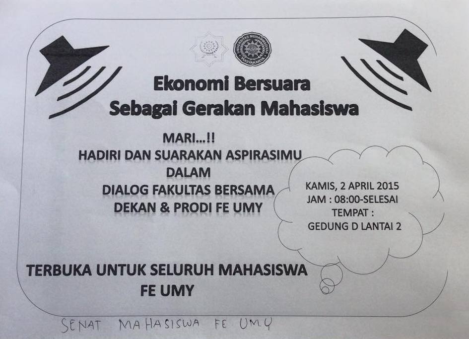 Jangan lupa hadiri Acara Ekonomi Bersuara hari ini 2 april 2015 jam 08:00 Di Gedung D Lantai 2.
