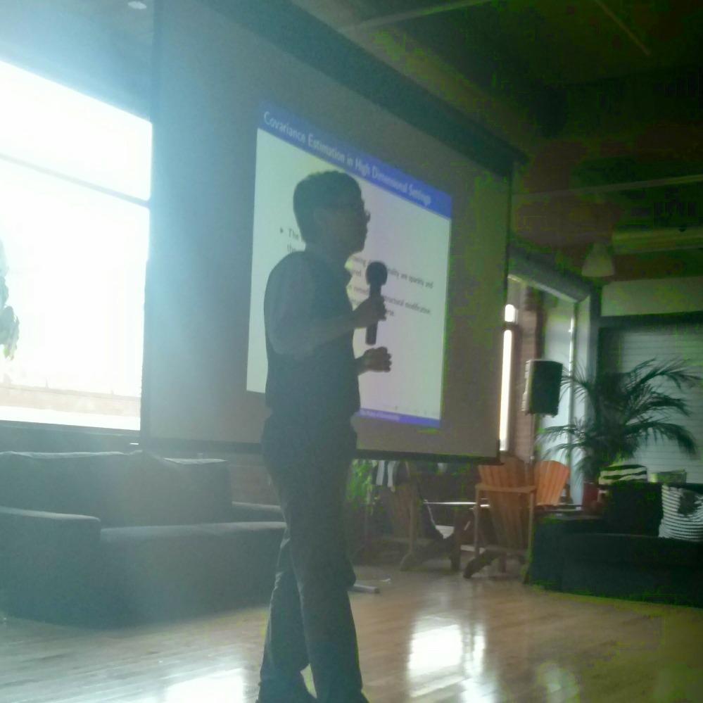 bgajdero's tweet photo. Winston Li presenting "The Praise of Dimensionality" at TDSG. Full house as always! cc @cjpberry http://t.co/rqiYkydNpT