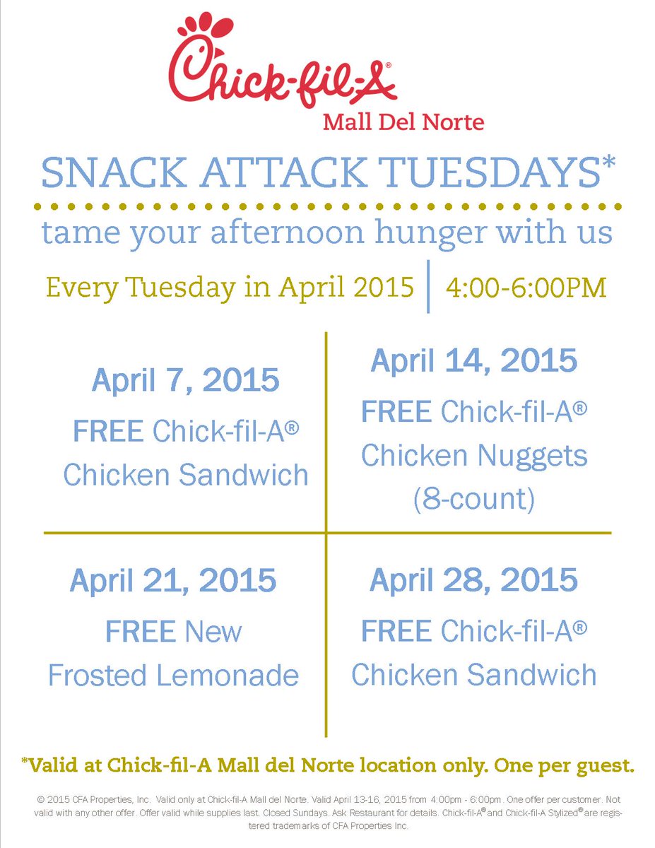 CFAMallDelNorte's tweet photo. #SnackAttackTuesday is back! Free CFA every Tuesday this month here at @CFAMallDelNorte only! #RT to spread the word! http://t.co/m4lt043wr7
